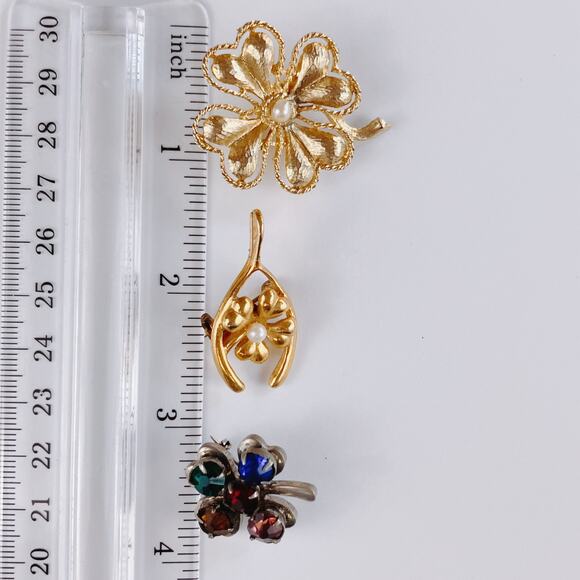 VTG Lot of 3 Brooches Mid Century Clover and Wishbone Faux Pearl Rhinestone - Picture 7 of 13